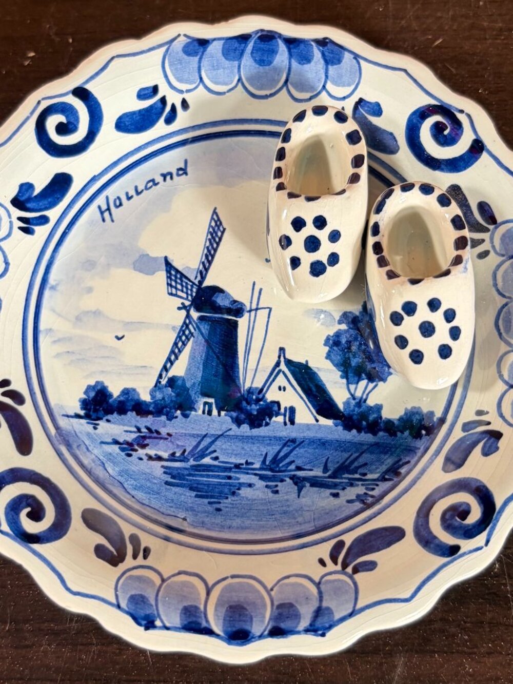 Vintage Delfts Blue Hand Painted Ceramic Miniature Plate and Clogs with Windmill